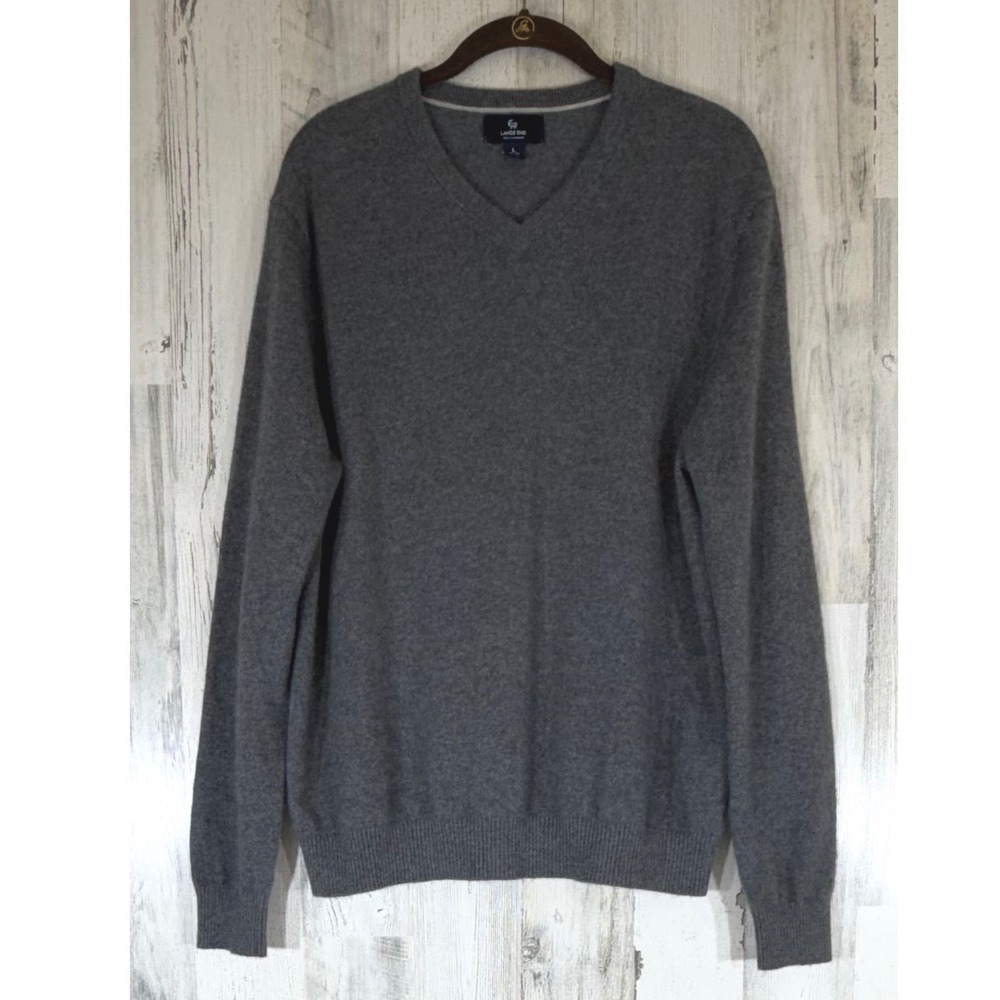 Lands End V-Neck Sweater Size Large Gray 100% Cashmere Lightweight Preppy Soft